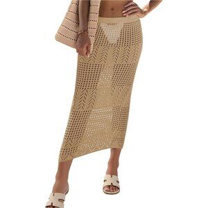 Womens Crochet Skirt Cover Up High Waist Sheer Mesh Khaki